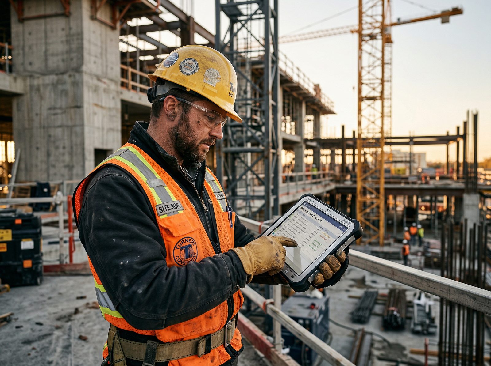 Construction worker using Diggsly scheduling on a tablet on the job site