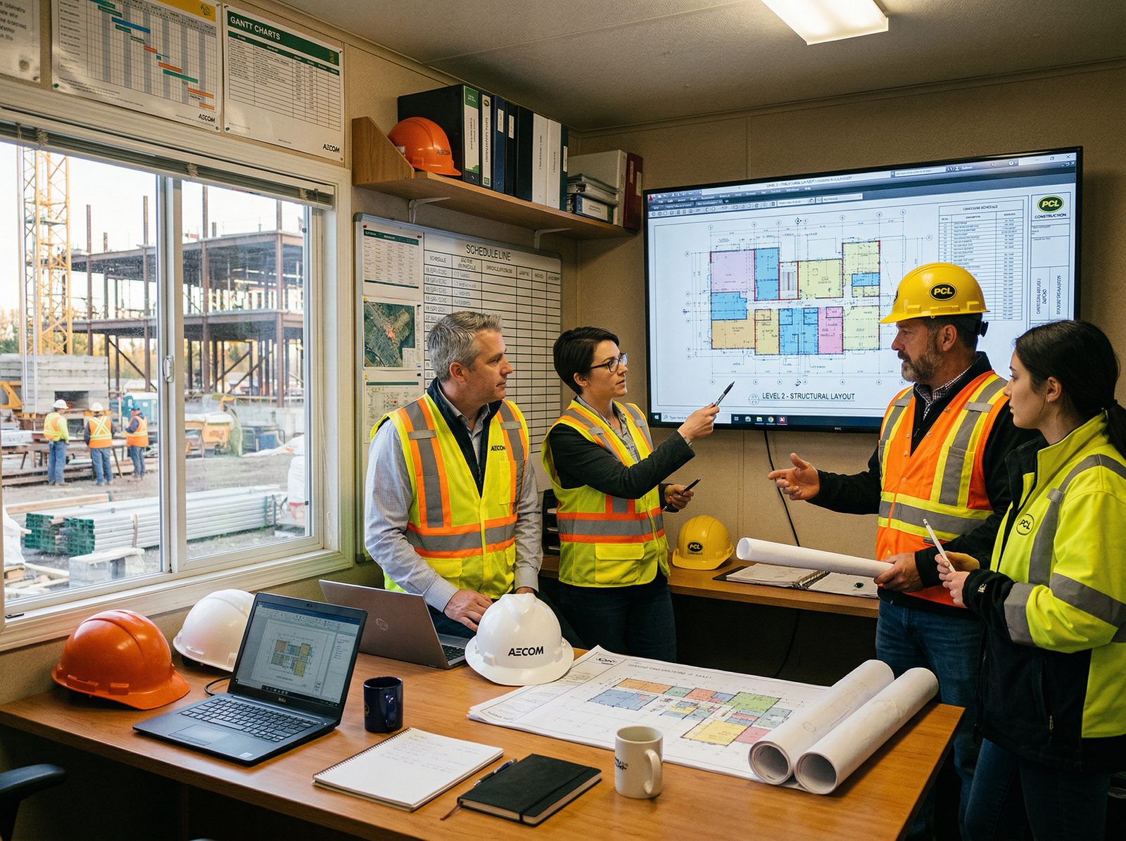 Construction team in site office reviewing time tracking data